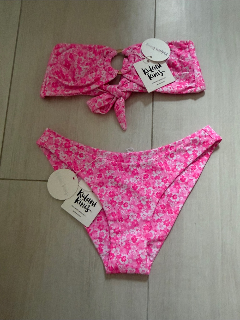 Kulani Kinis Pink Floral Tie-Front Bandeau Bikini